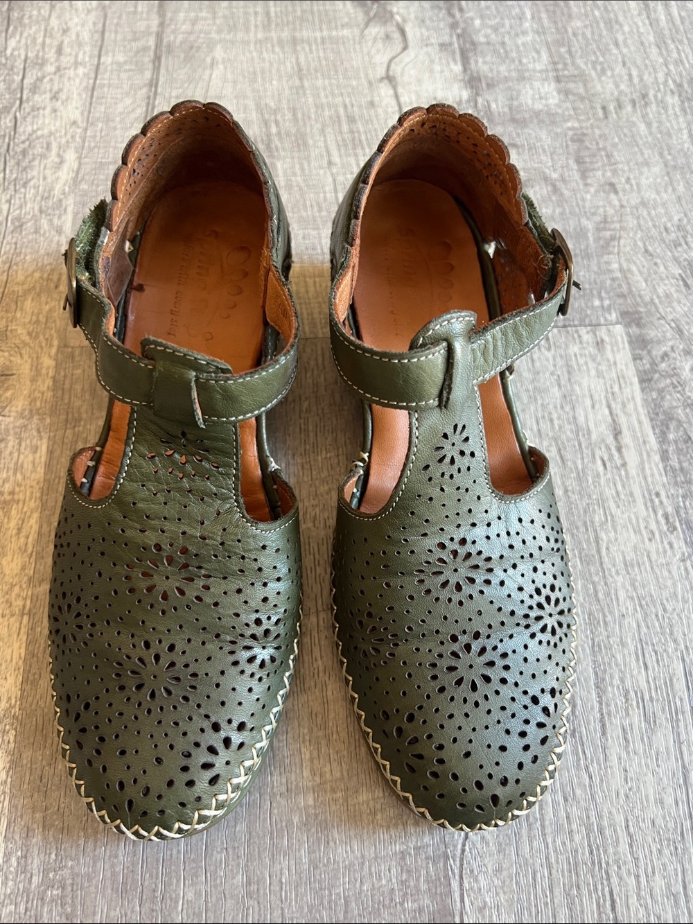 Spring Step Olive Green Perforated Leather Wedge Mary Janes Patrizia